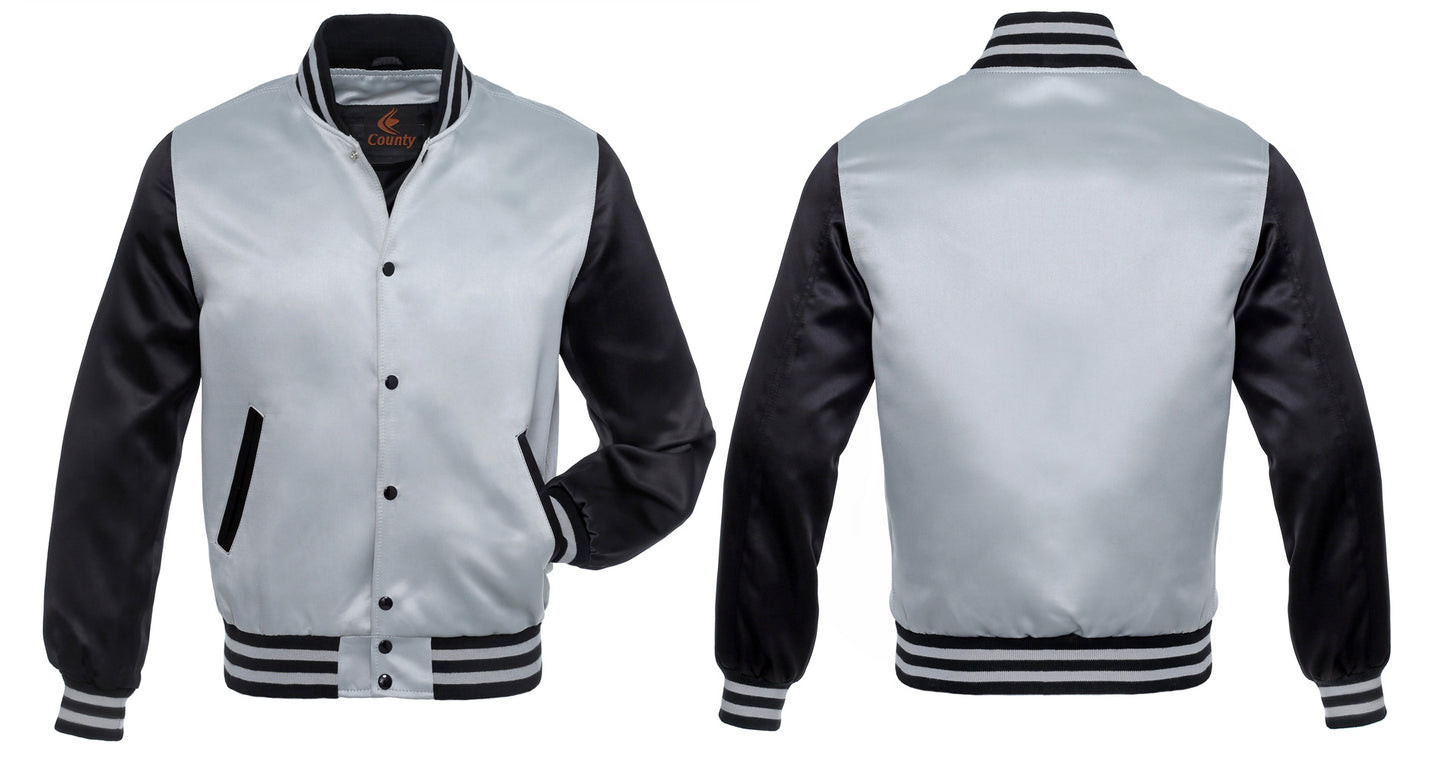 Baseball College Varsity Bomber Super Jacket: Gray and black satin sports wear for college athletes.