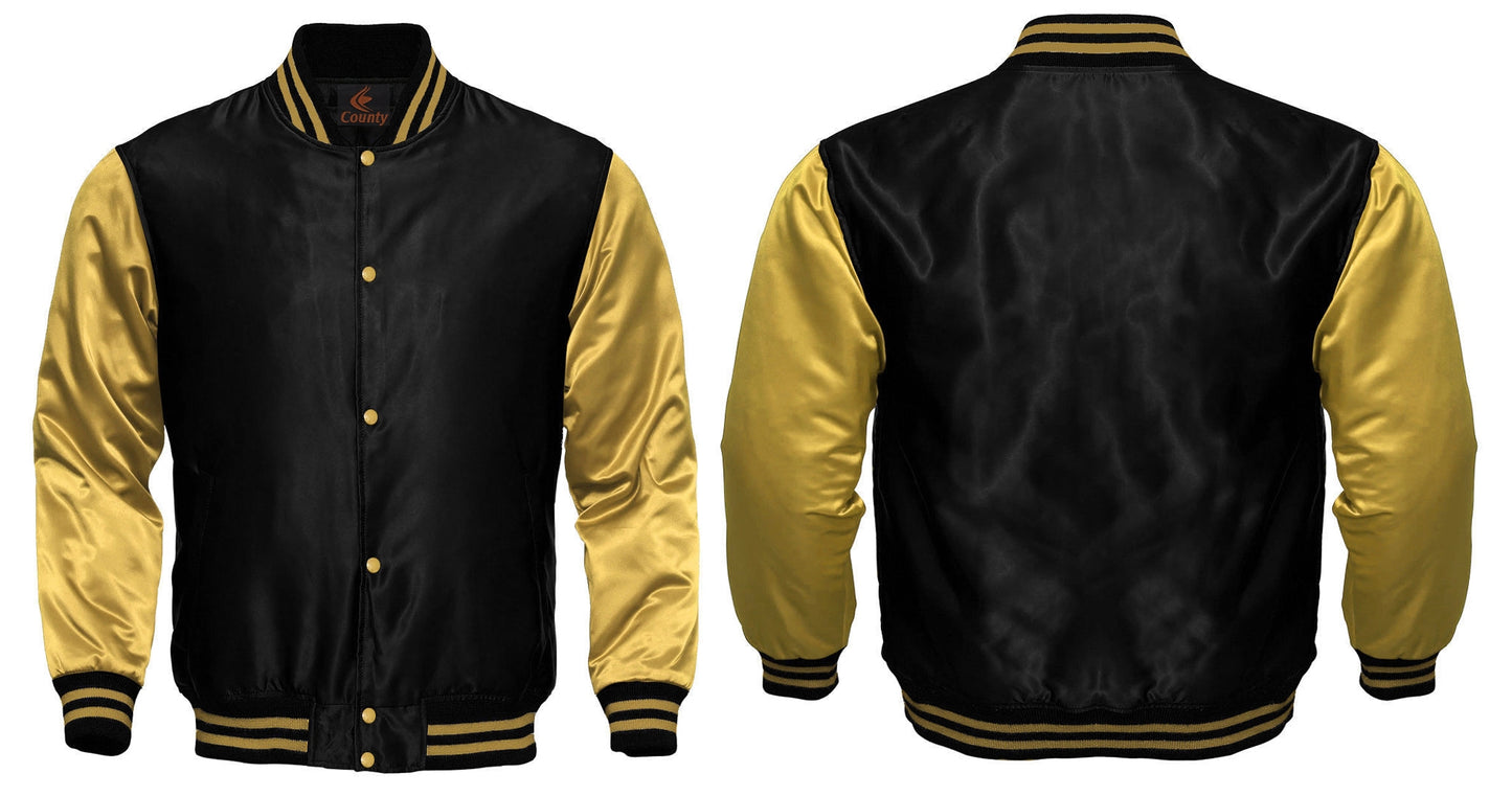 Varsity Jacket Mens Black Golden Satin Jacket Custom Made Letterman Jackets