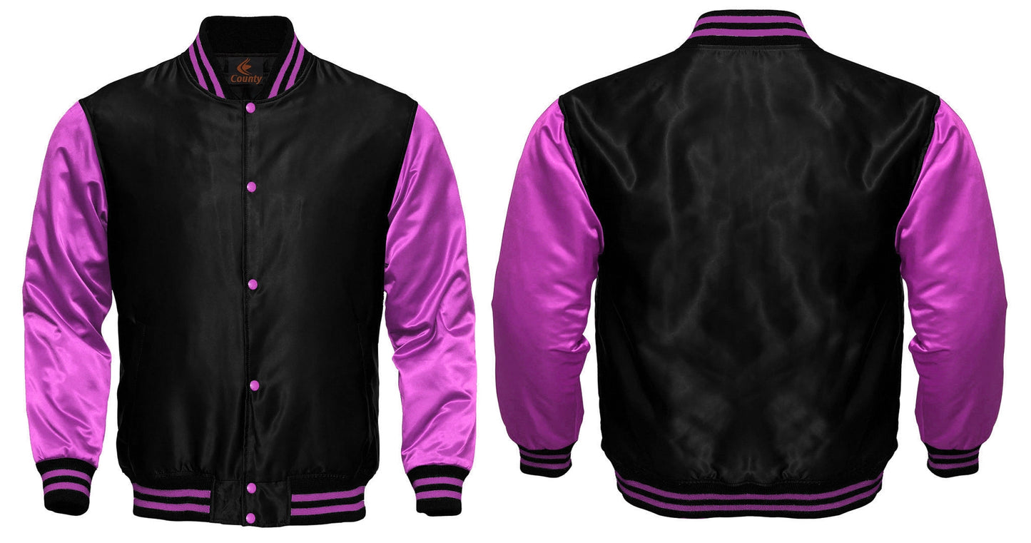 Baseball college varsity bomber jacket in black and pink satin, perfect for sports wear.