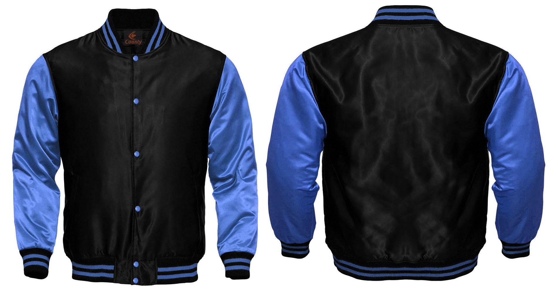 Baseball college varsity bomber jacket in black and sky blue satin, perfect for sports wear.