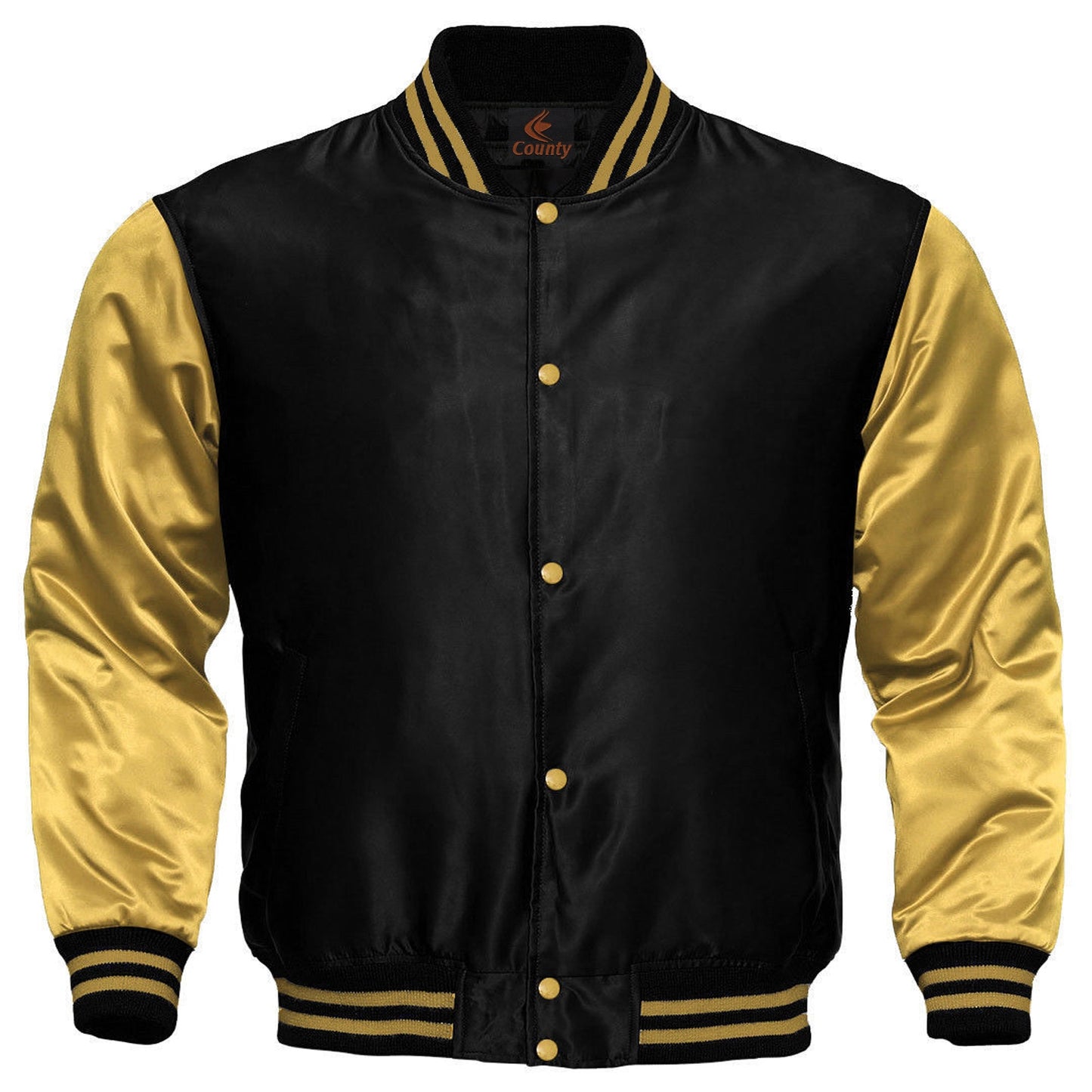 Varsity Jacket Mens Black Golden Satin Jacket Custom Made Letterman Jackets