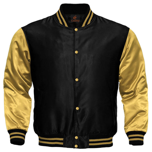 Baseball College Varsity Bomber Super Jacket Sports Wear Black Golden Satin