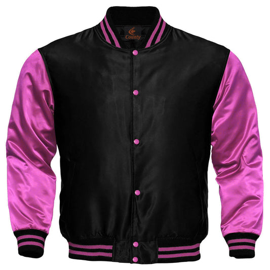 Baseball College Varsity Bomber Super Jacket Sports Wear Black Pink Satin