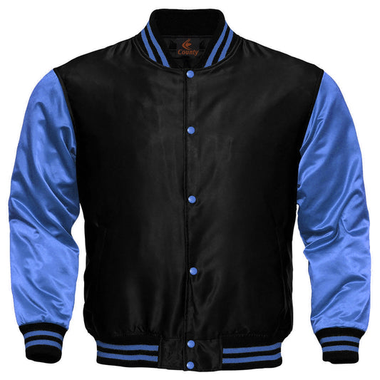 Baseball College Varsity Bomber Super Jacket Sports Wear Black Sky Blue Satin