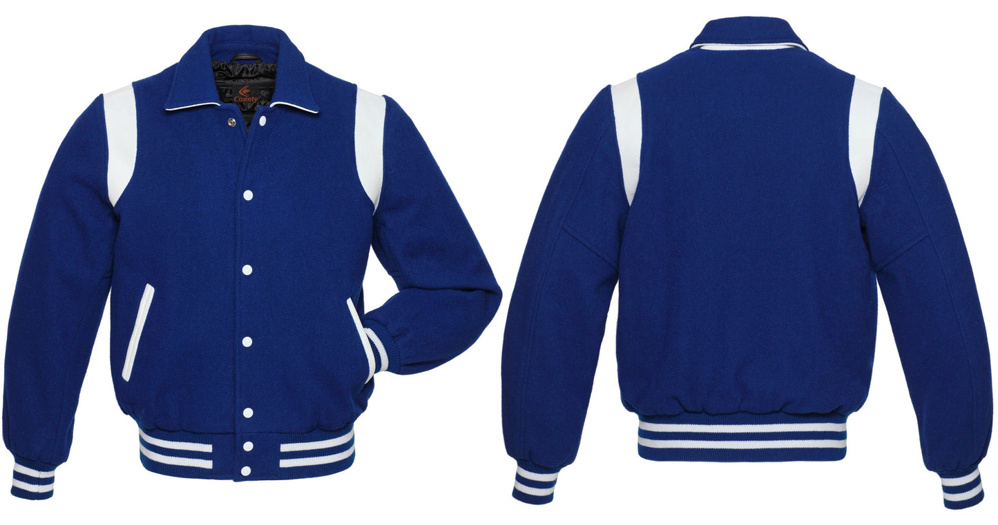 Retro Varsity Letterman Baseball Jacket Royal Blue Body White Leather