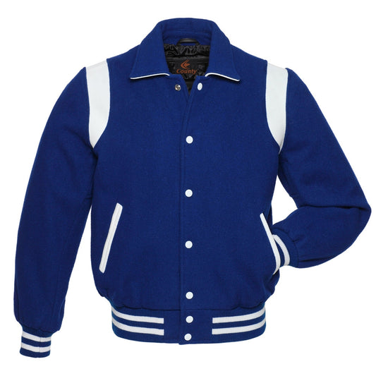 Retro Varsity Letterman Baseball Jacket Royal Blue Body White Leather Inserts