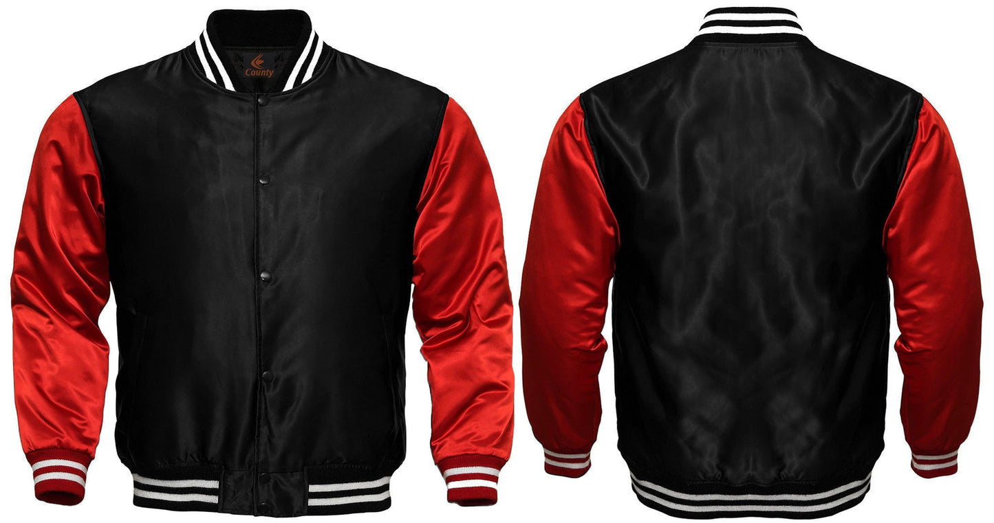 Baseball college varsity bomber jacket in black and red satin, perfect for sports wear.
