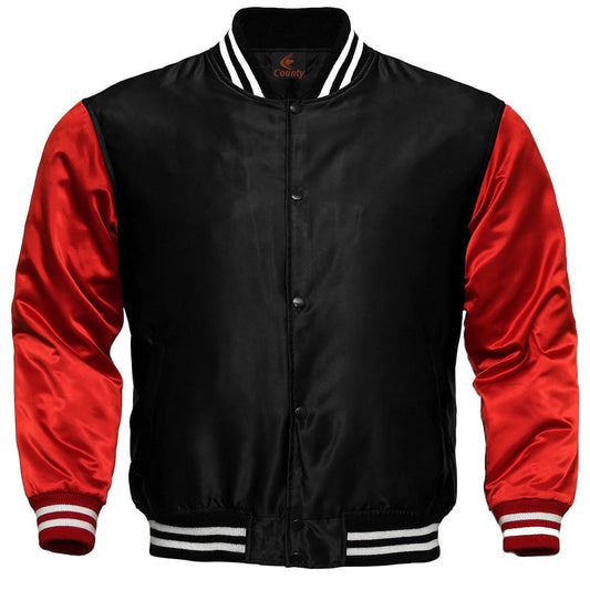 Baseball College Varsity Bomber Super Jacket Sports Wear Black Red Satin
