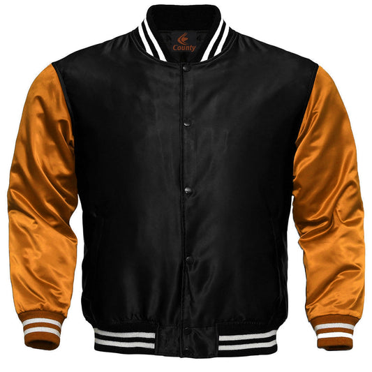 Baseball College Varsity Bomber Super Jacket Sports Wear Black Orange Satin
