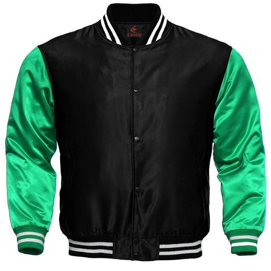 Baseball College Varsity Bomber Super Jacket Sports Wear Black Kelly Green Satin