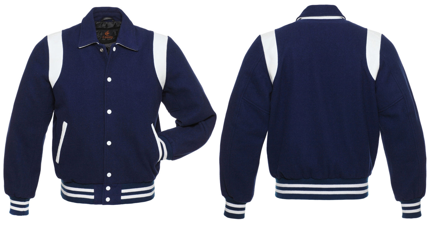 Retro Varsity Letterman Baseball Jacket Navy Blue Body White Leather