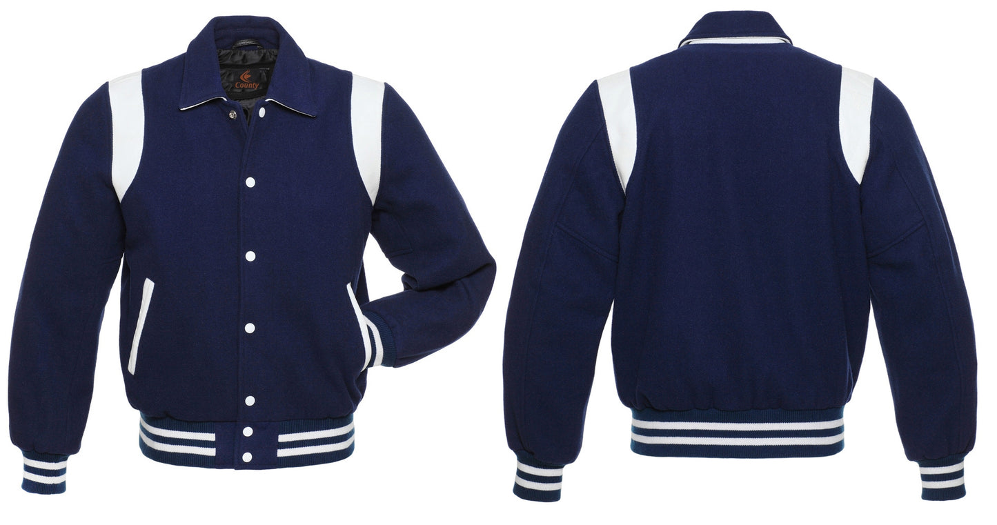 Retro Varsity Letterman Baseball Jacket Navy Blue Body White Leather 
