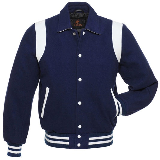 Retro Varsity Letterman Baseball Jacket Navy Blue Body White Leather Inserts