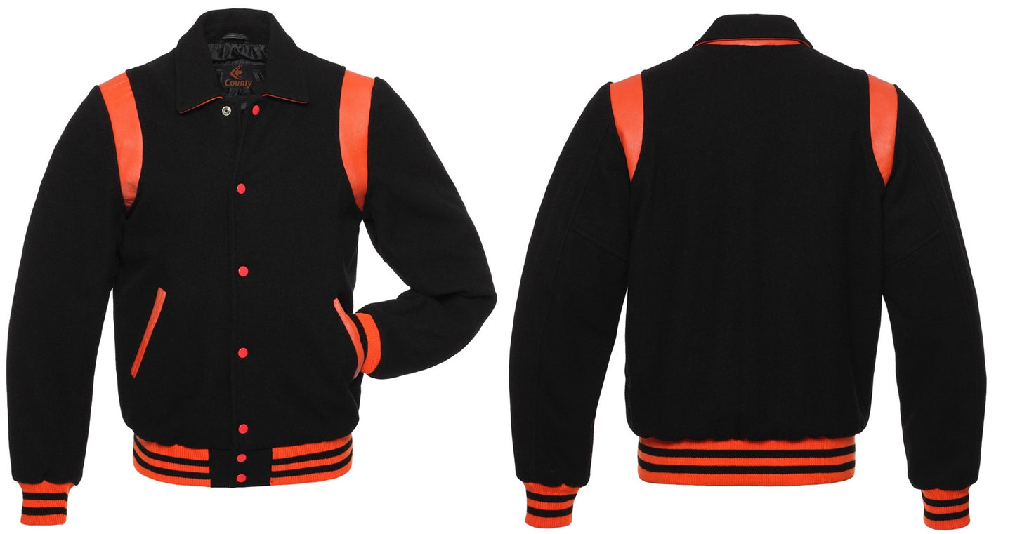 Retro Varsity Letterman Baseball Jacket Black Body Orange Leather Inserts