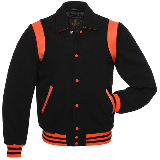 Retro Varsity Letterman Baseball Jacket Black Body Orange Leather Inserts