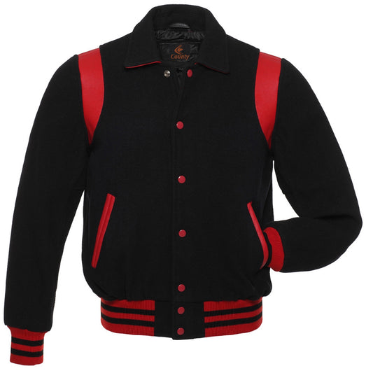 Retro Varsity Letterman Baseball Jacket Black Body Red Leather Inserts