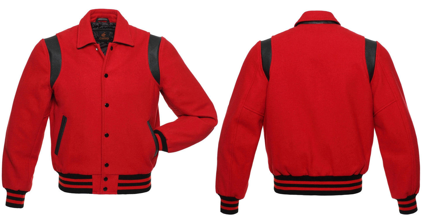 Retro Varsity Letterman Baseball Jacket Red Body Black Leather Inserts