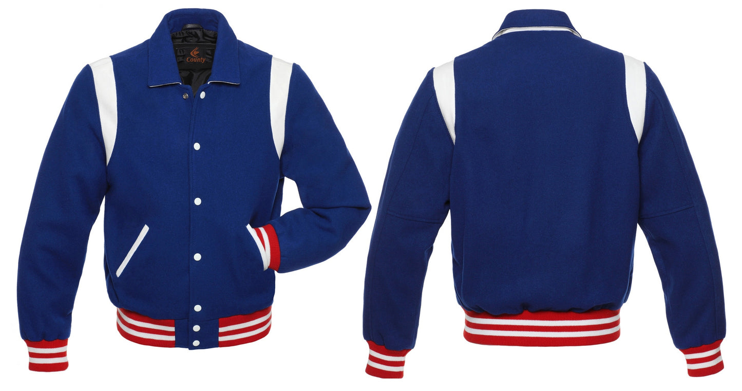 Retro Varsity Letterman Baseball Jacket Royal Blue Body White Leather