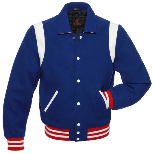 Retro Varsity Letterman Baseball Jacket Royal Blue Body White Leather Inserts