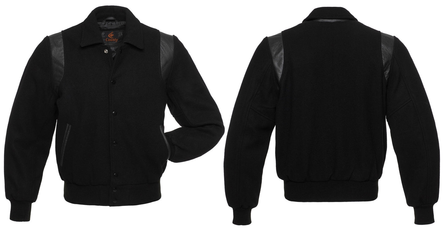 Retro Varsity Letterman Baseball Jacket Black Body Black Leather