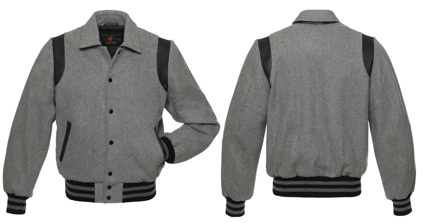 Retro Varsity Letterman Baseball Jacket Gray Body Black Leather Inserts