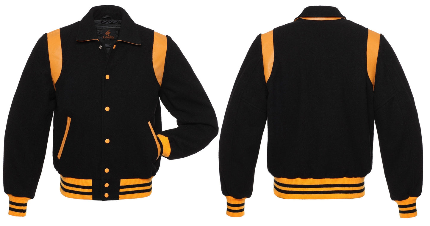 Retro Varsity Letterman Baseball Jacket Black Body Gold Leather