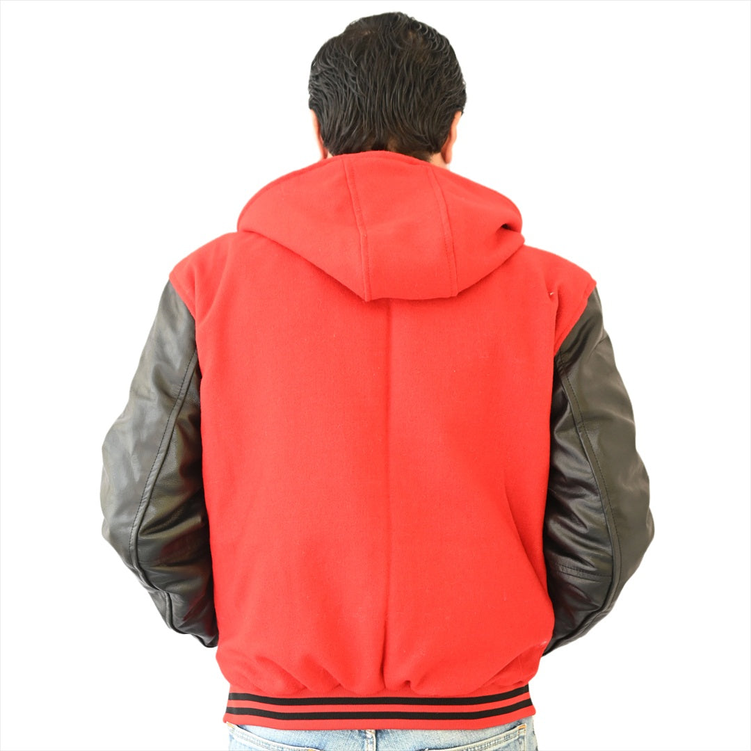 Red and black Bomber Varsity Letterman Baseball Hoodie Jacket with leather sleeves.