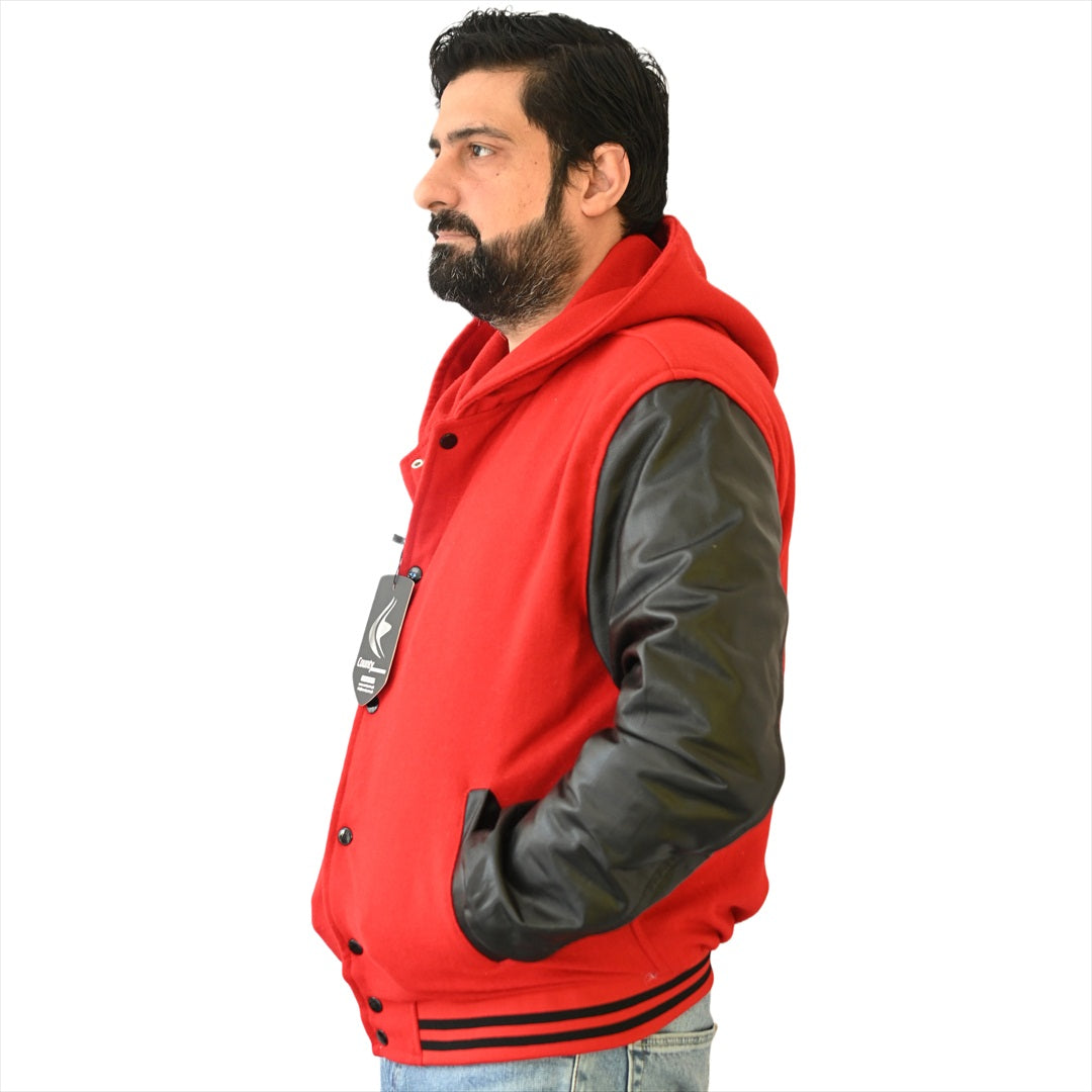 Bomber Varsity Letterman Baseball Hoodie Jacket Red Body Black Leather Sleeves