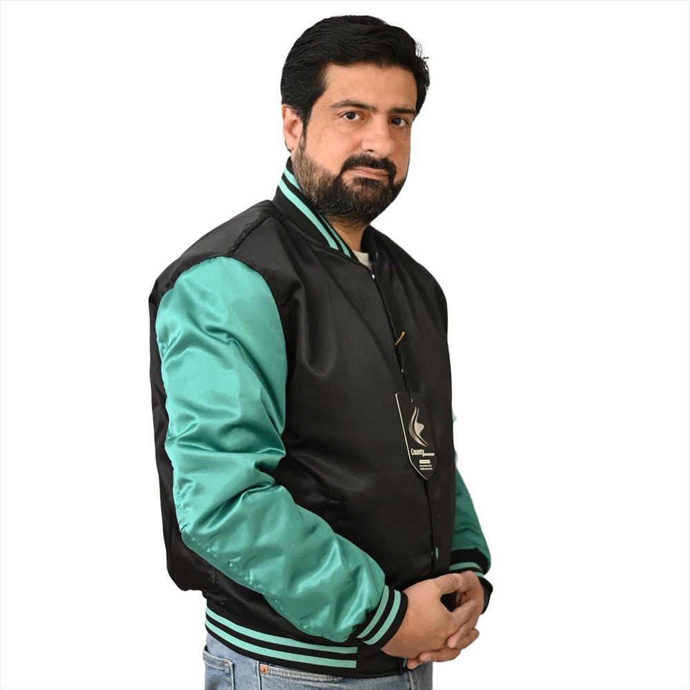 Baseball college varsity bomber jacket in black and turquoise satin, perfect for sports wear.