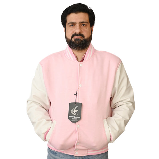 Luxury Pink Body and White Leather Sleeves Varsity College Jacket