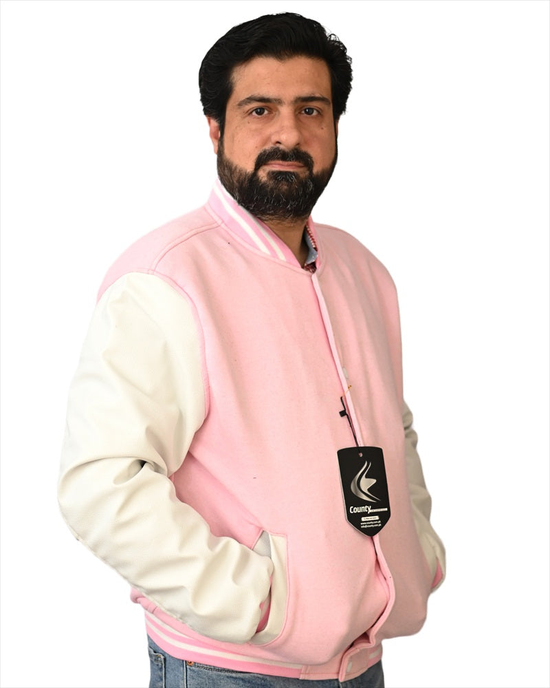 Luxury Pink Body and White Leather Sleeves Varsity College Jacket