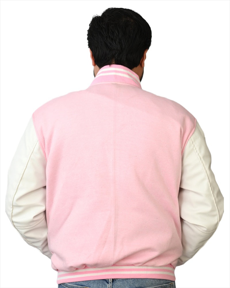Pink Body and White Leather Sleeves Varsity College Jacket