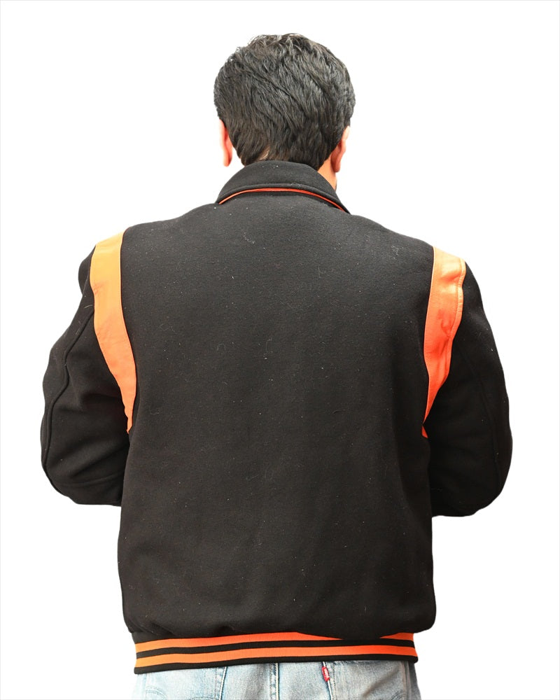 Retro Varsity Letterman Baseball Jacket Black Body Orange Leather
