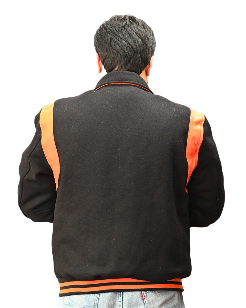Retro Varsity Letterman Baseball Jacket Black Body Orange Leather 