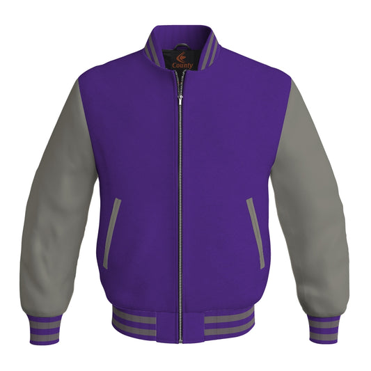 Luxury Purple Body and Gray Leather Sleeves Bomber Varsity Jacket