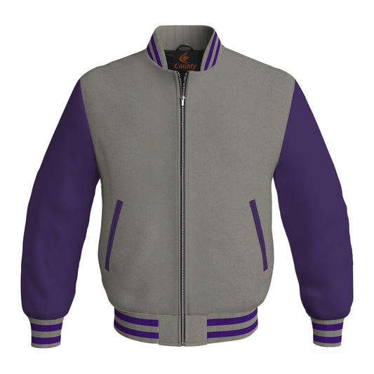 Luxury Gray Body and Purple Leather Sleeves Bomber Varsity Jacket