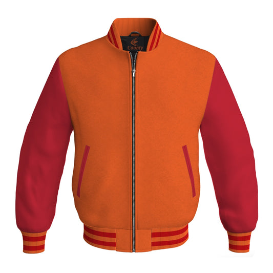 Luxury Orange Body and Red Leather Sleeves Bomber Varsity Jacket
