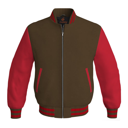 Luxury Brown Body and Red Leather Sleeves Bomber Varsity Jacket