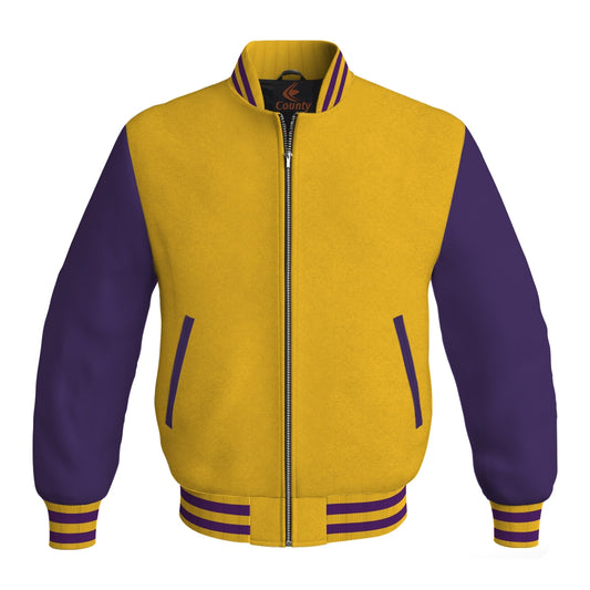 Luxury Yellow/Gold Body and Purple Leather Sleeves Bomber Varsity Jacket
