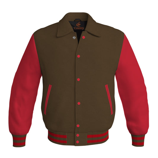 Letterman Varsity Classic Jacket Brown Body and Red Leather Sleeves