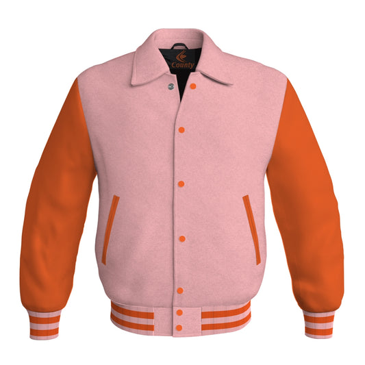 Letterman Varsity Classic Jacket Pink Body and Orange Leather Sleeves