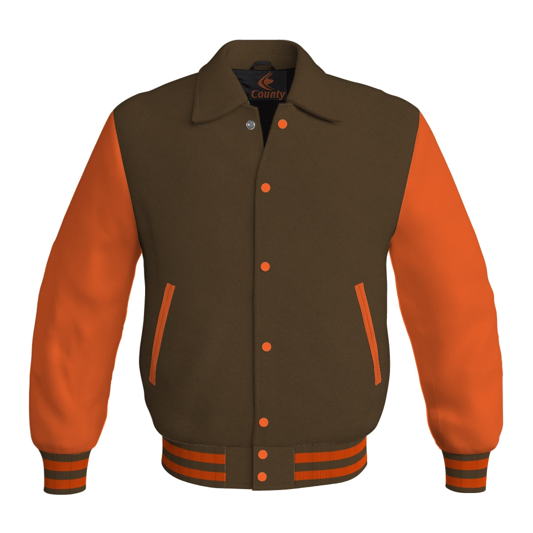 Letterman Varsity Classic Jacket Brown Body and Orange Leather Sleeves