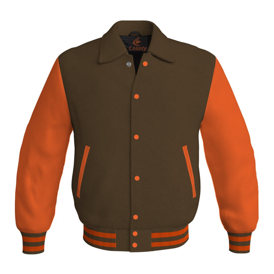 Letterman Varsity Classic Jacket Brown Body and Orange Leather Sleeves