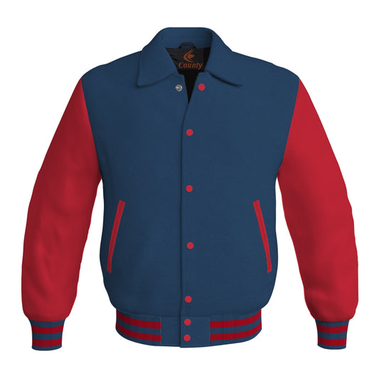 Letterman Varsity Classic Jacket Navy Blue Body and Red Leather Sleeves
