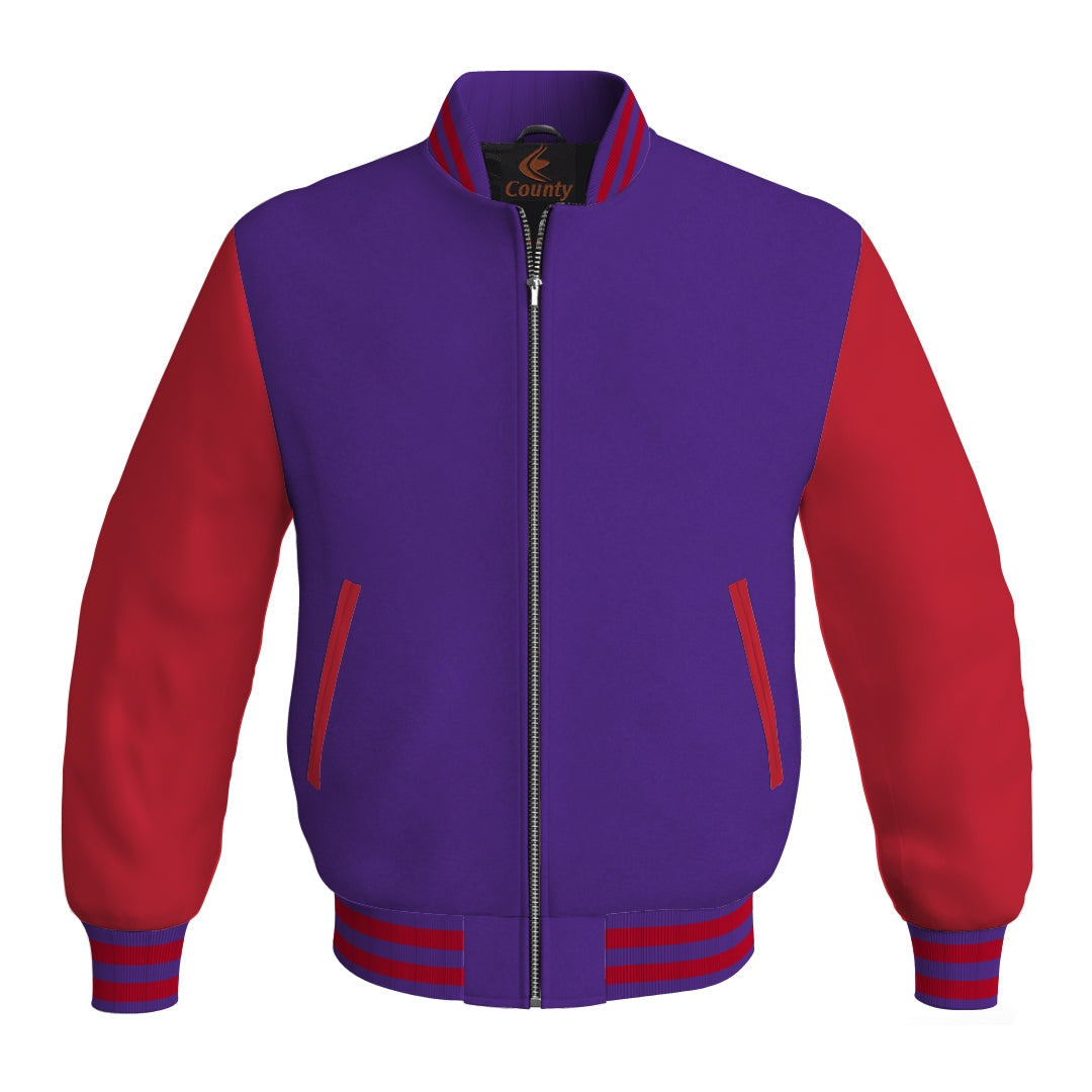 Mens Bomber Jacket Purple Body and Red Leather Sleeves Bomber Jacket