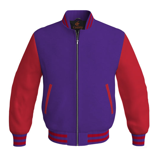 Luxury Purple Body and Red Leather Sleeves Bomber Varsity Jacket