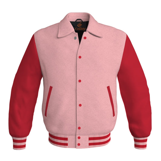 Letterman Varsity Classic Jacket Pink Body and Red Leather Sleeves