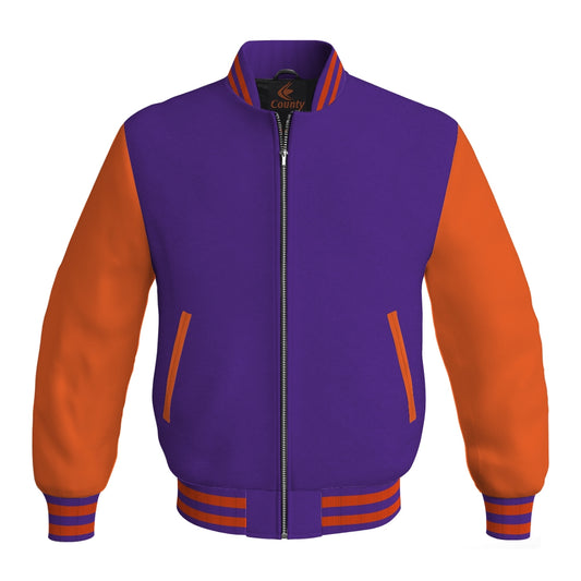 Luxury Purple Body and Orange Leather Sleeves Bomber Varsity Jacket