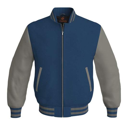 Luxury Navy Blue Body and Gray Leather Sleeves Bomber Varsity Jacket
