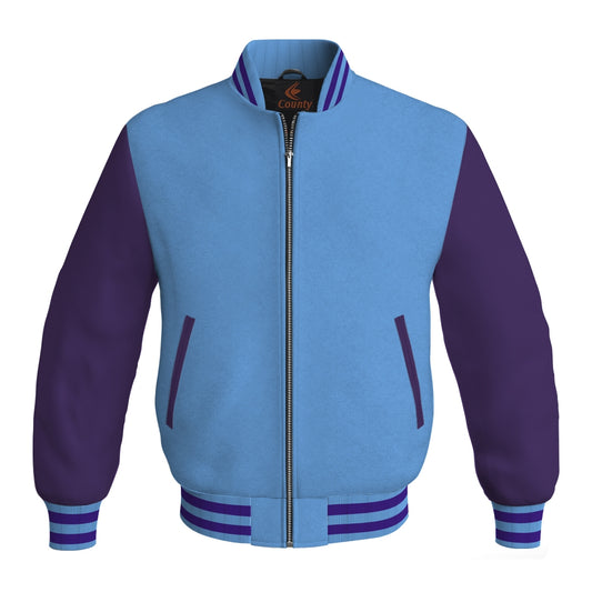 Luxury Sky Blue Body and Purple Leather Sleeves Bomber Varsity Jacket